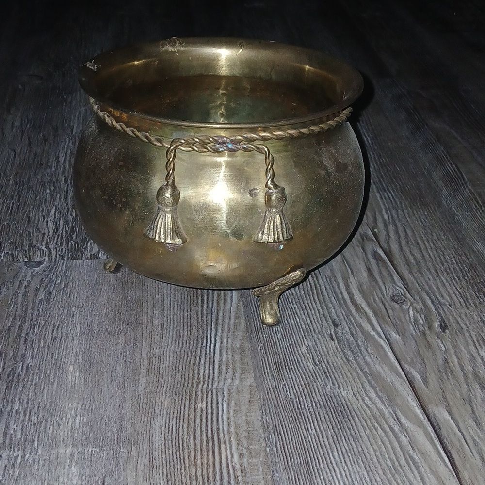 Hosley Vintage Solid Brass Pot Vase Hammered with Rope Detail, Boho, Planter